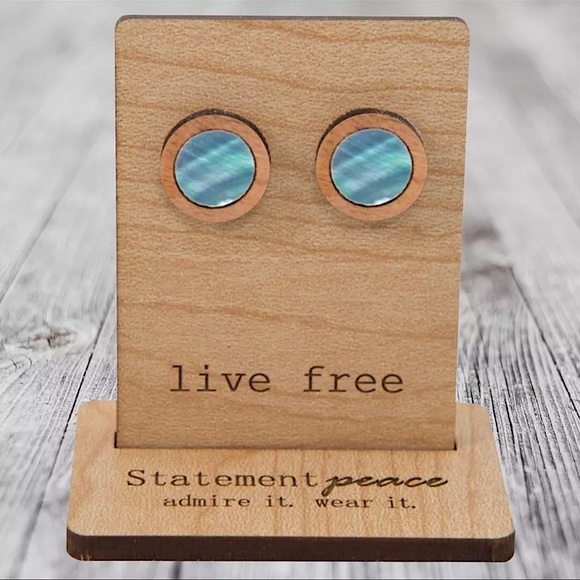 HANDMADE Earrings Artisan ABALONE Wood Shell Studs Hand Crafted Eco Friendly - Picture 1 of 3